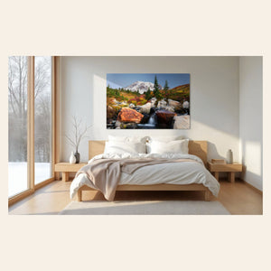 A piece of Mount Rainier wall art showing the fall colors at Paradise hangs in a bedroom.