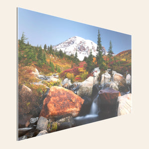 A TruLife acrylic piece of Mount Rainier wall art shows the fall colors at Paradise.