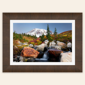 A framed piece of Mount Rainier wall art shows the fall colors at Paradise.