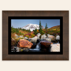 A framed piece of Mount Rainier wall art shows the fall colors at Paradise.