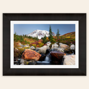 A framed piece of Mount Rainier wall art shows the fall colors at Paradise.