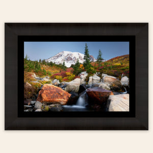 A framed piece of Mount Rainier wall art shows the fall colors at Paradise.