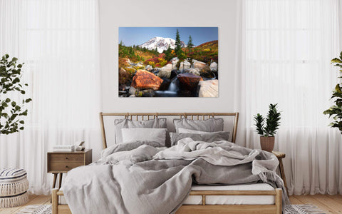 A Mount Rainier fall colors picture from the Paradise area hangs in a bedroom.