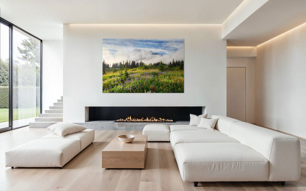 A piece of Mount Rainier art showing a wildflower photo at Paradise hangs over a fireplace.