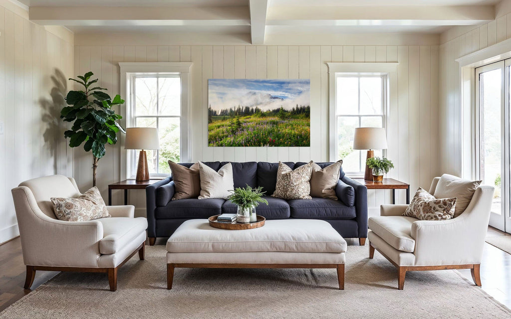 A piece of Mount Rainier art showing a wildflower photo at Paradise hangs in a living room.