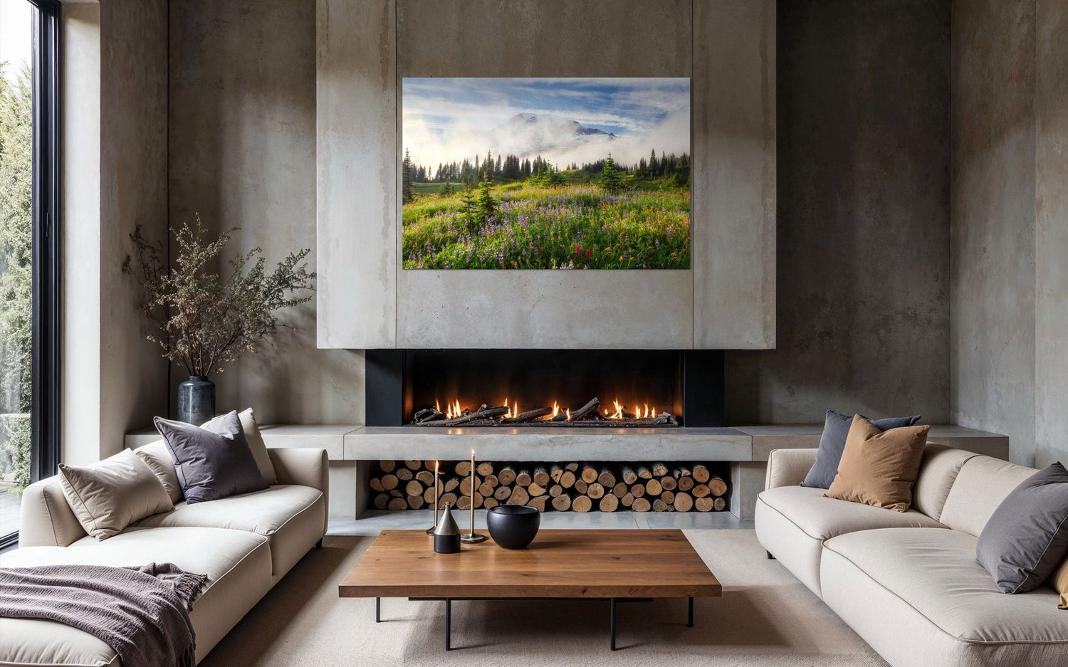 A piece of Mount Rainier art showing a wildflower photo at Paradise hangs above a modern fireplace.
