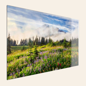 A piece of TruLife acrylic Mount Rainier art shows a wildflower photo at Paradise.