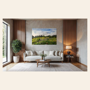 A piece of Mount Rainier art showing a wildflower photo at Paradise hangs over a couch.