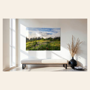 A piece of Mount Rainier art showing a wildflower photo at Paradise hangs in an entryway.