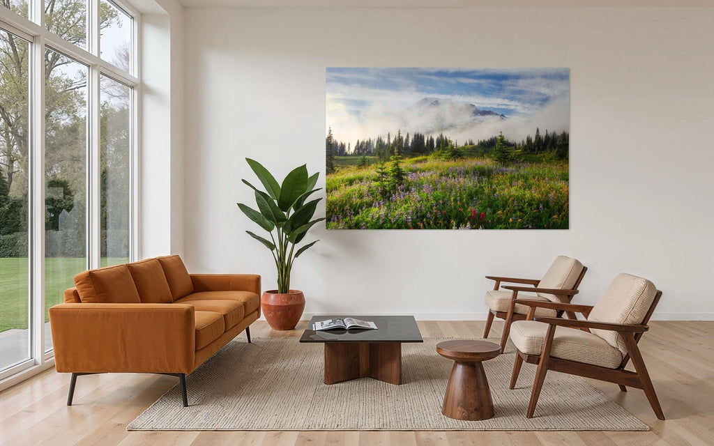 A piece of Mount Rainier art showing a wildflower photo at Paradise hangs in a family room.