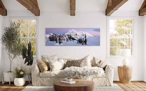 A photo of Mount Shuksan, as seen from Artist Point near Mount Baker hangs in a living room.