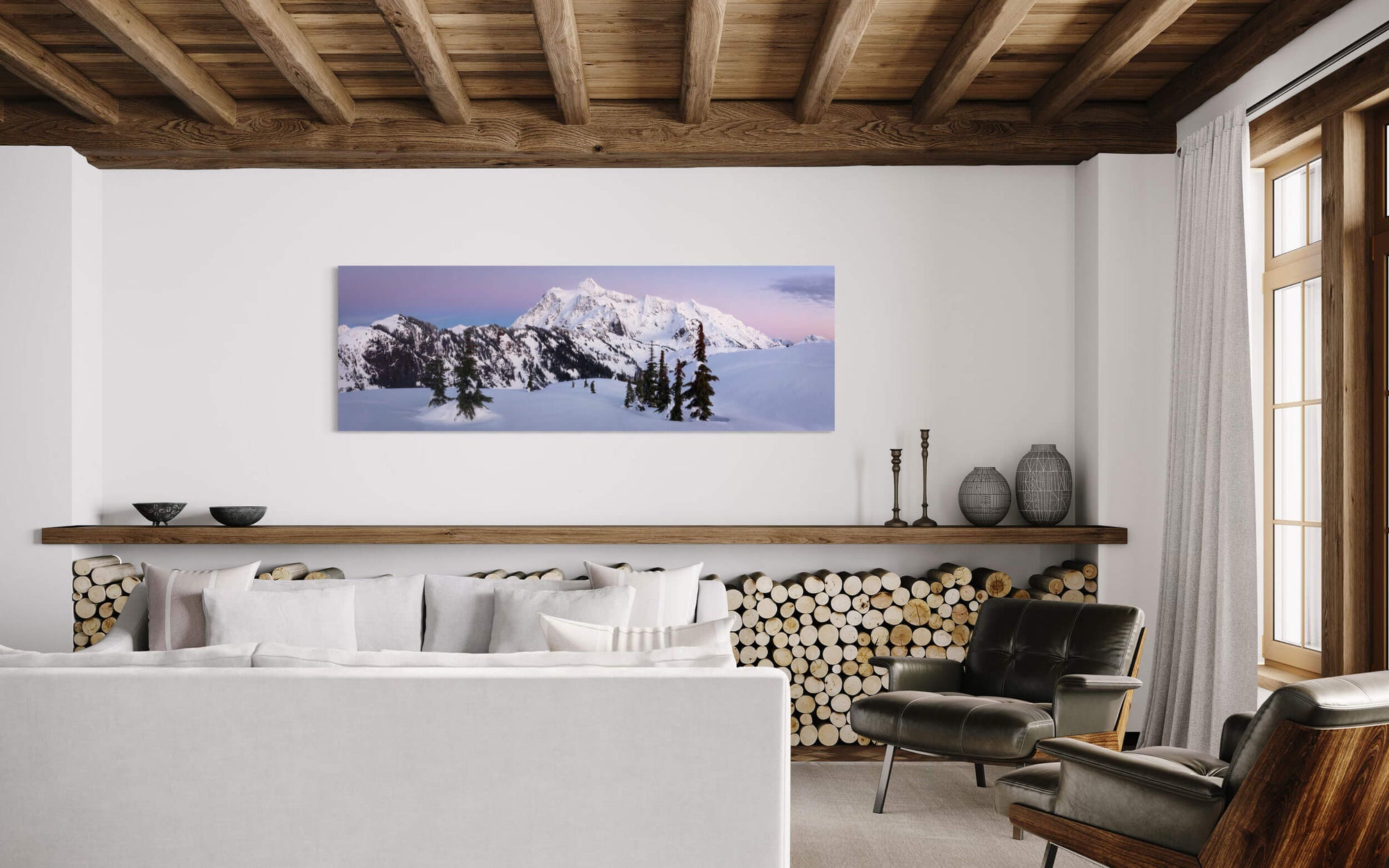 A photo of Mount Shuksan, as seen from Artist Point near Mount Baker hangs in a living room.