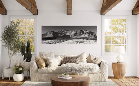 A black and white Mount Wilson picture near Telluride, Colorado hangs in a living room.