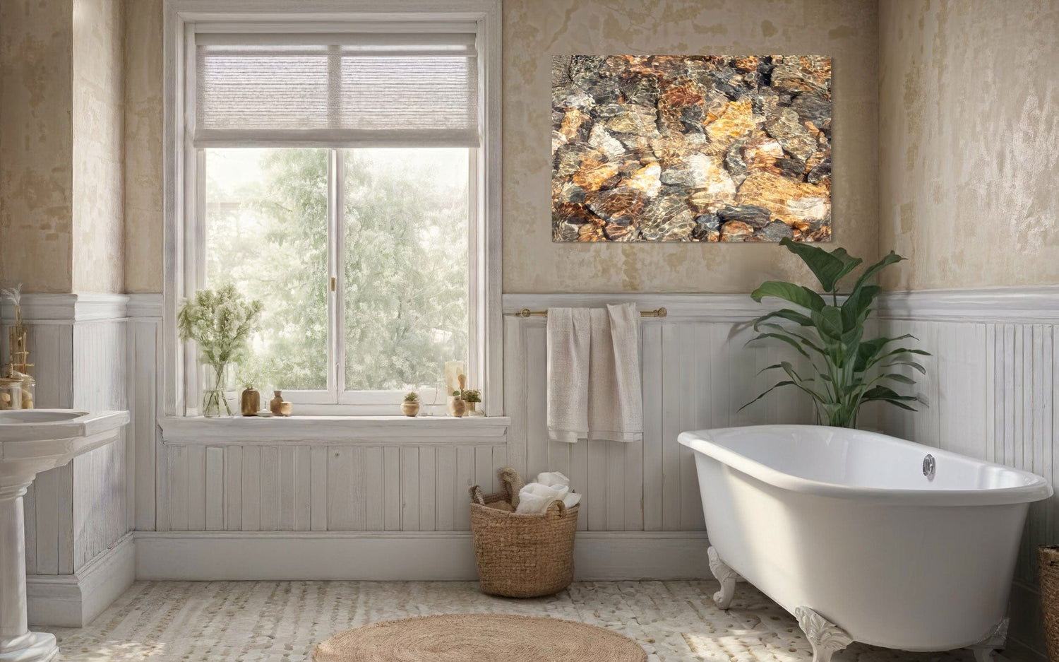A piece of Telluride art showing a photo of a Colorado mountain stream hangs in a bathroom.