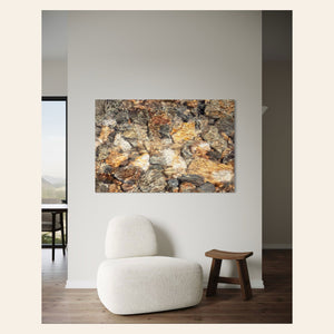 A piece of Telluride art showing a photo of a Colorado mountain stream hangs in a living room.