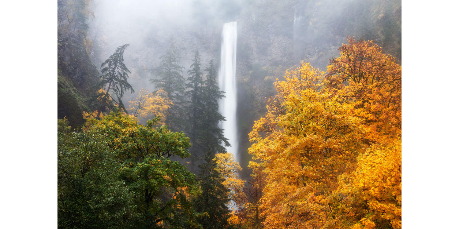 Scenic view of Multnomah Falls with stunning fall colors and lush greenery