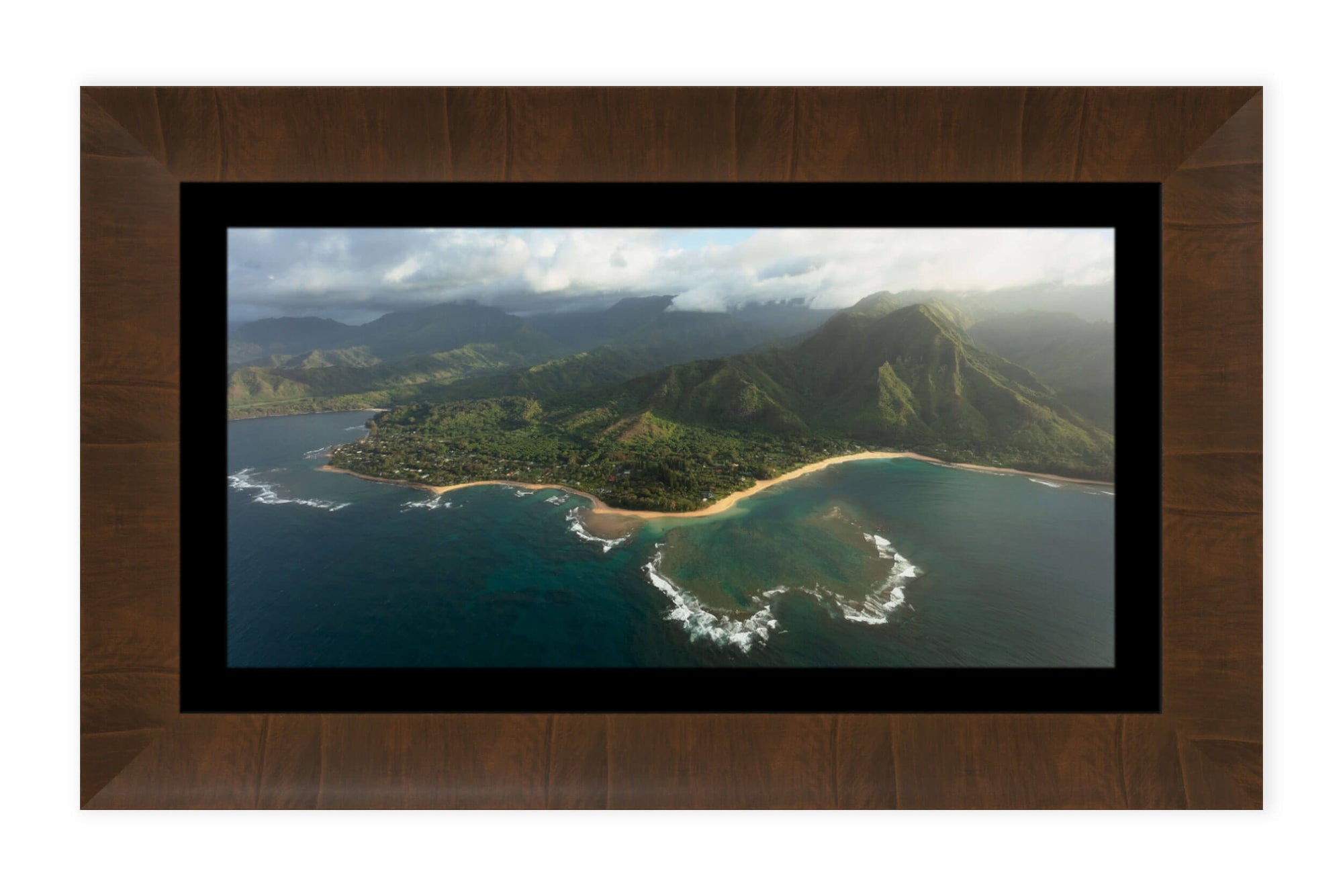 This piece of framed Napali Coast art shows a Ke'e Beach picture from Kauai.