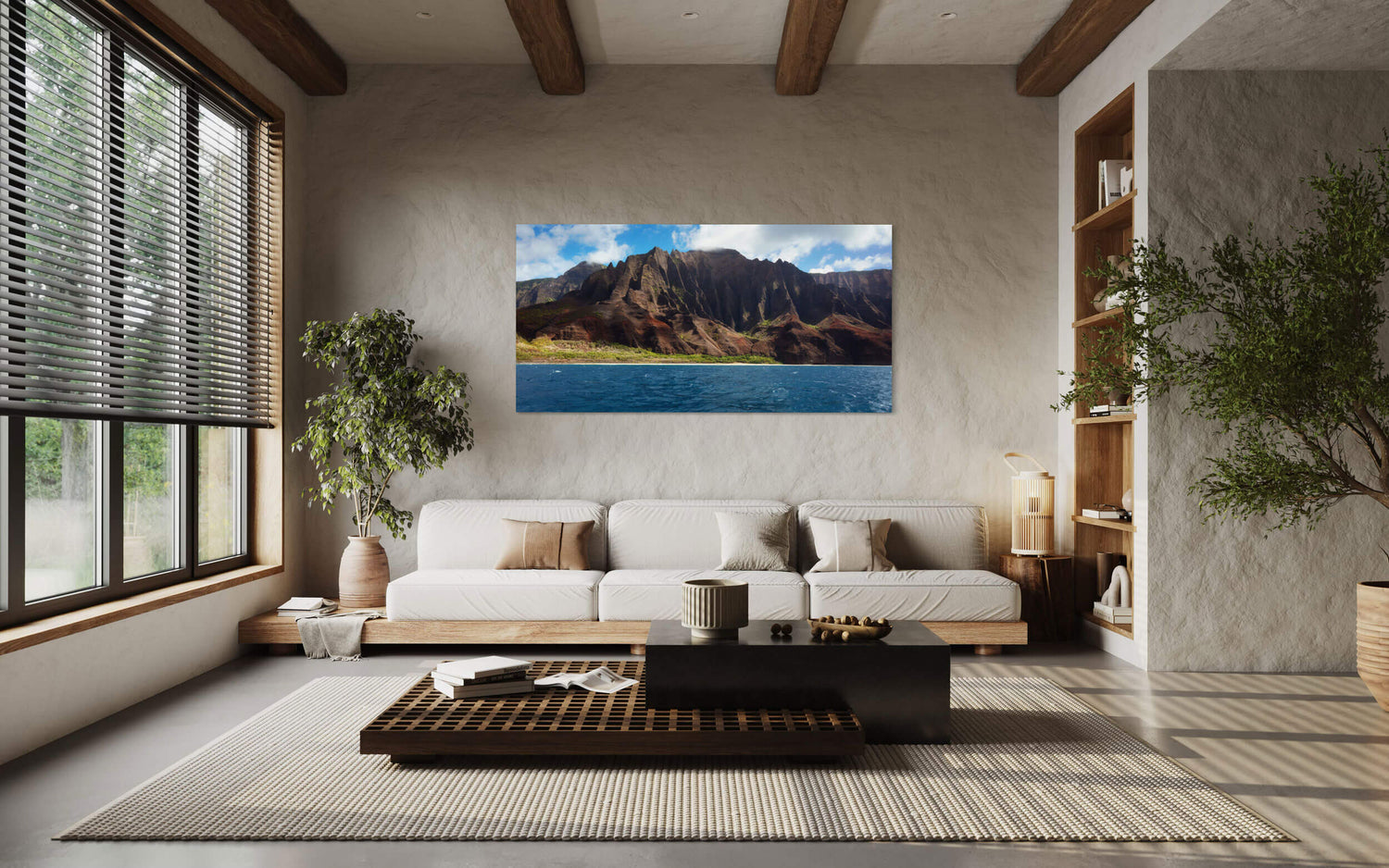 A Napali coast picture made on a Kauai boat tour hangs in a living room.
