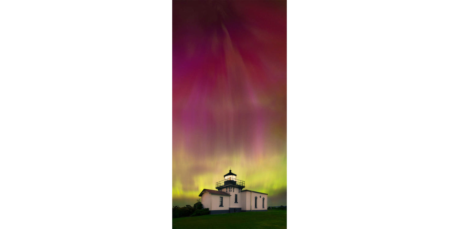 A Washington Northern Lights photography print shows Point No Point Lighthouse.