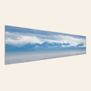 A piece of TruLife acrylic wall art shows an Olympic Mountains panorama photo.