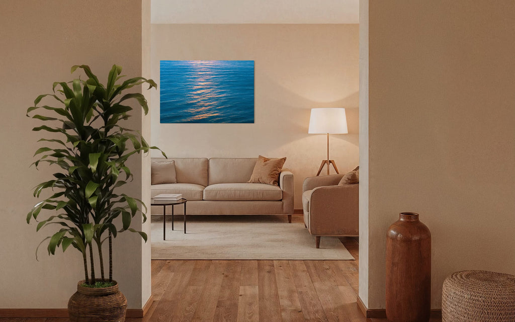 An ocean sunset photo hangs in a beautiful living room. | Lars Gesing Fine Art | Coastal Wall Art