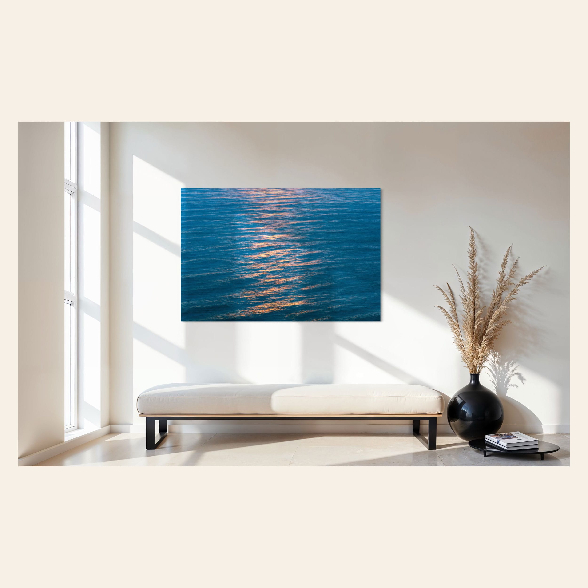 An ocean sunset photo hangs in an entryway. | Lars Gesing Fine Art | Coastal Wall Art