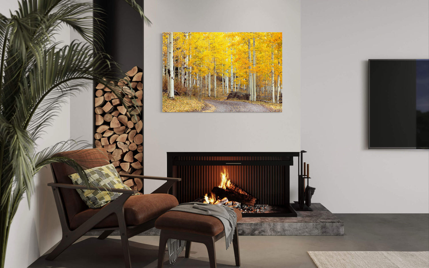 A Colorado fall colors picture from Owl Creek Pass hangs in a living room.