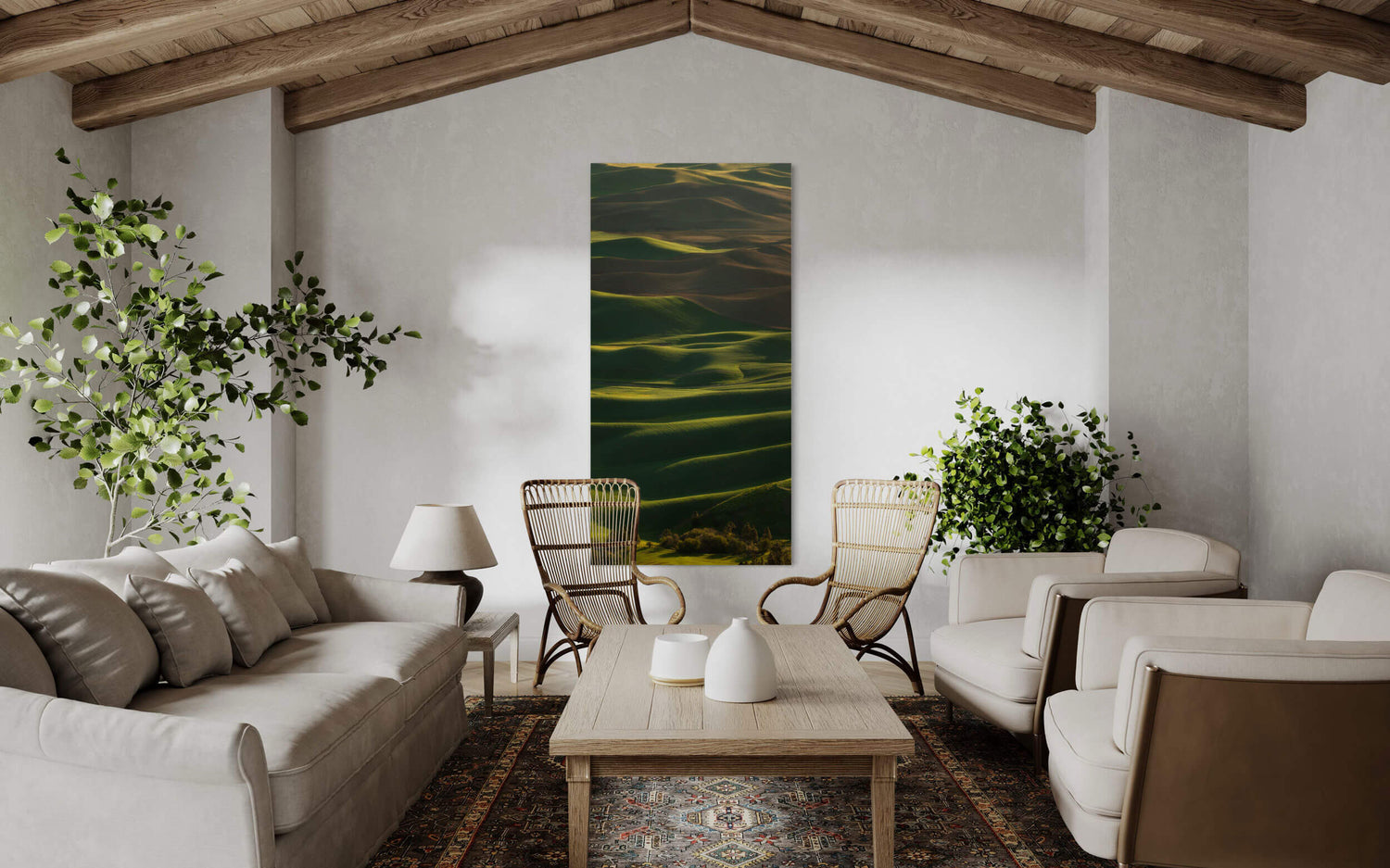 A fine art nature photography print showing a Palouse picture hangs in a living room.