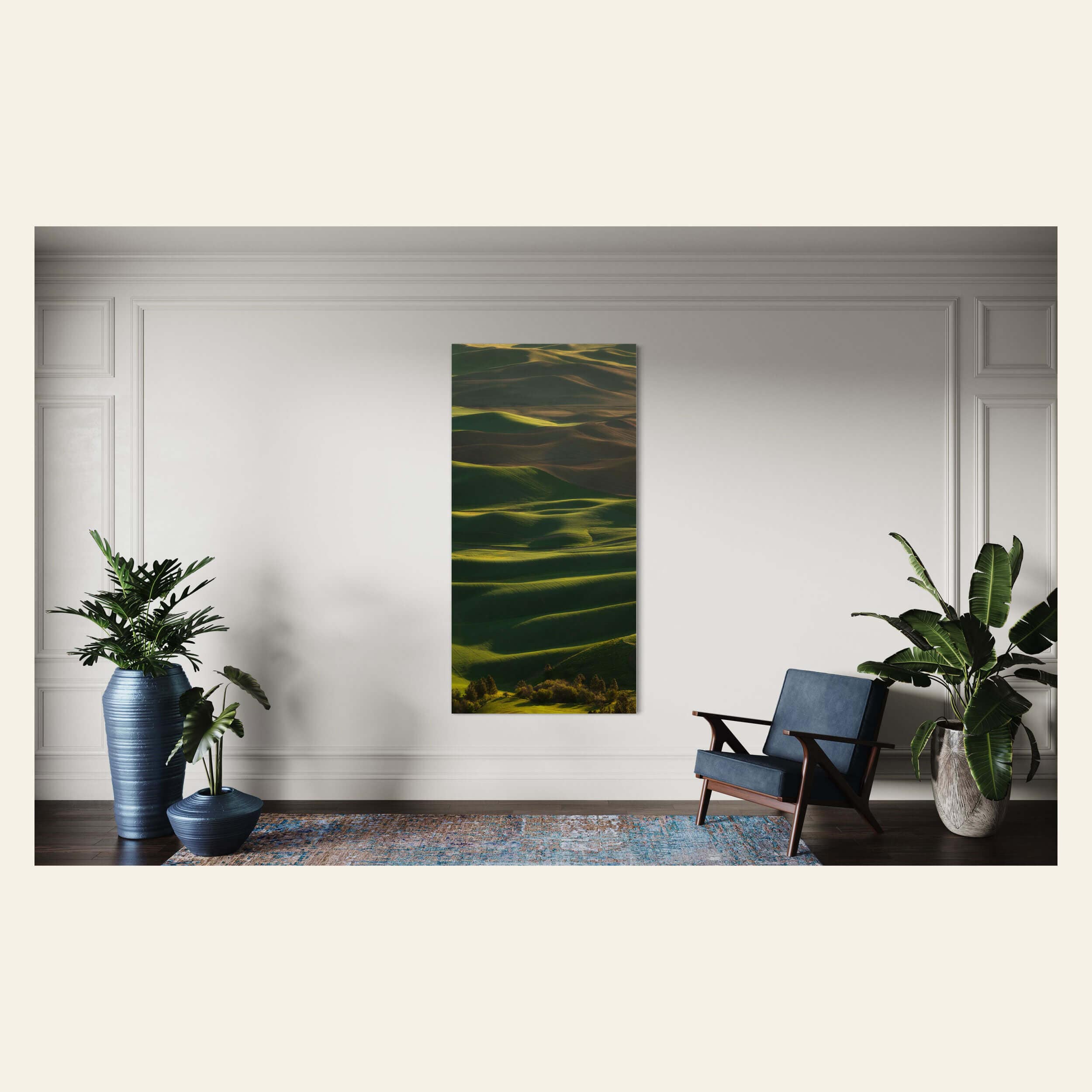 A fine art nature photography print showing a Palouse picture hangs in a living room.