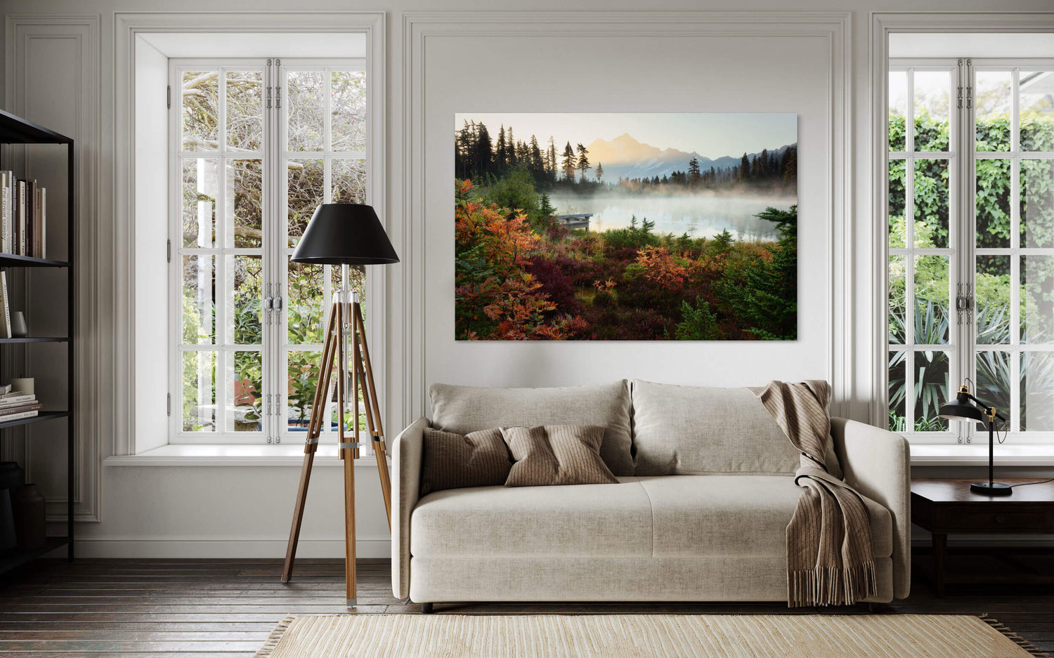 A fine art nature photography print for sale of Picture Lake at Mount Baker near Artist Point hangs in a living room.