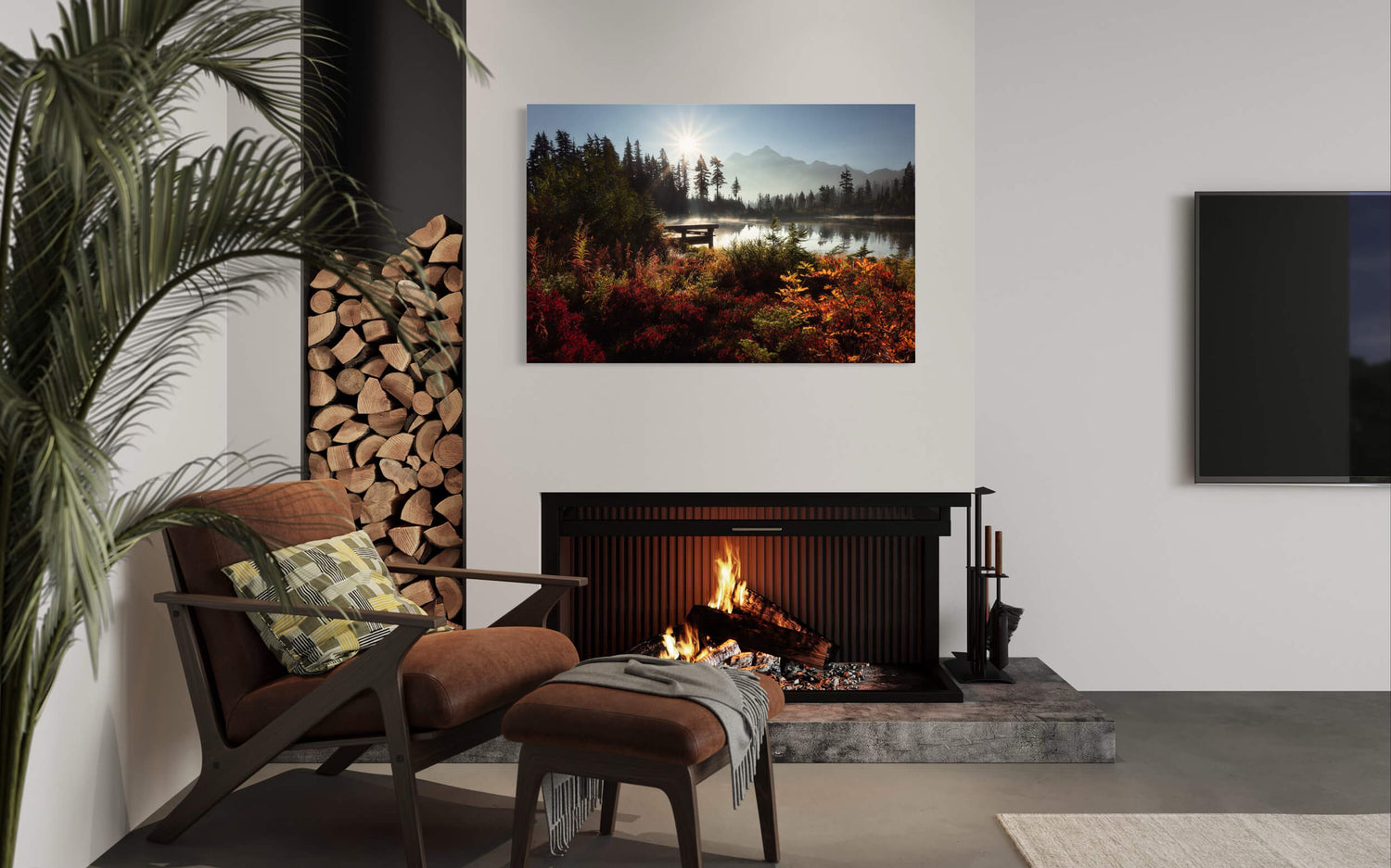 A Picture Lake photograph created near Mount Baker hangs in a living room.