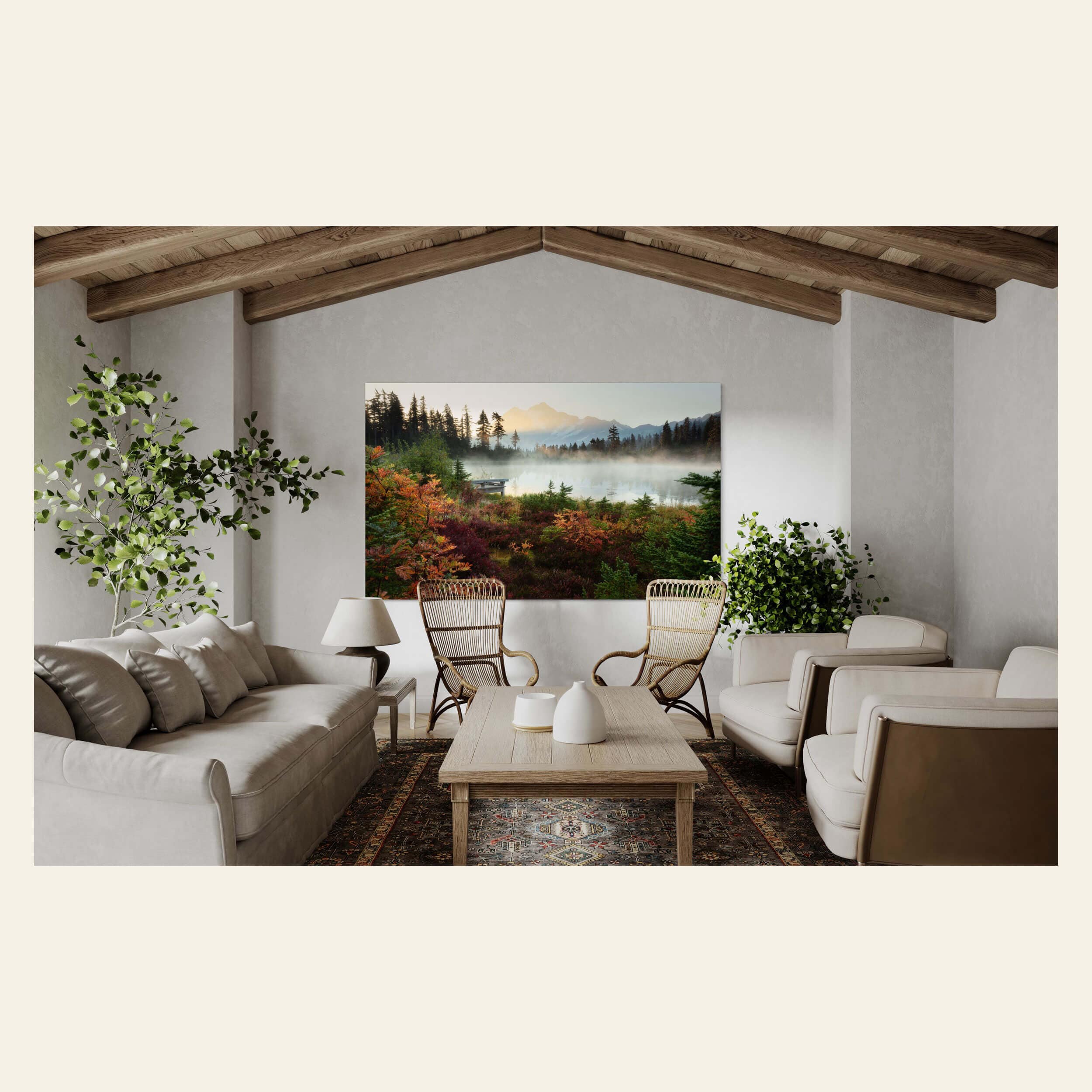 A fine art nature photography print for sale of Picture Lake at Mount Baker near Artist Point hangs in a living room.