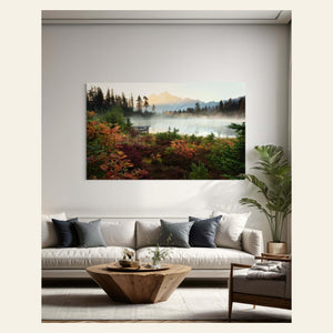 A fine art nature photography print for sale of Picture Lake at Mount Baker near Artist Point hangs in a living room.