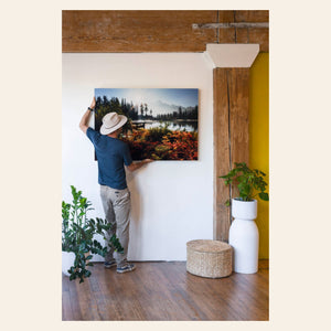 West Seattle artist Lars Gesing shows what his large wall art piece ELYSIUM looks like on a wall.