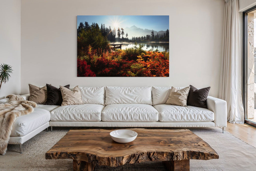 A fine art photograph showing Picture Lake hangs above a couch.
