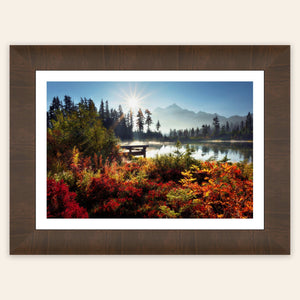 A piece of framed Washington art showing Picture Lake near Mount Baker.