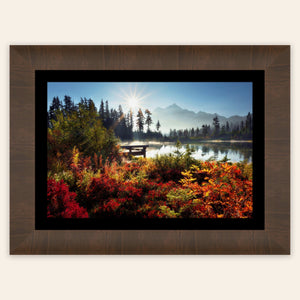 A piece of framed Washington art showing Picture Lake near Mount Baker.