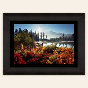 A piece of framed Washington art showing Picture Lake near Mount Baker.