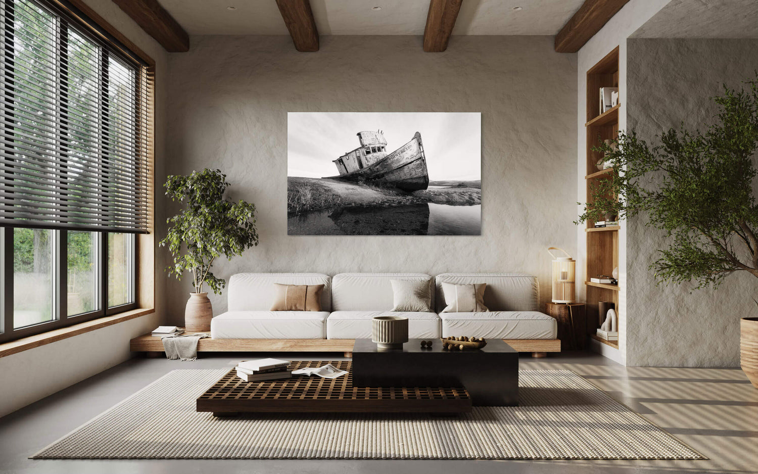 A piece of San Francisco art showing a Point Reyes picture hangs in a living room.