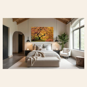 This large wall art showing a Japanese Maple picture of the famous one in the Portland Japanese Garden hangs in a bedroom.