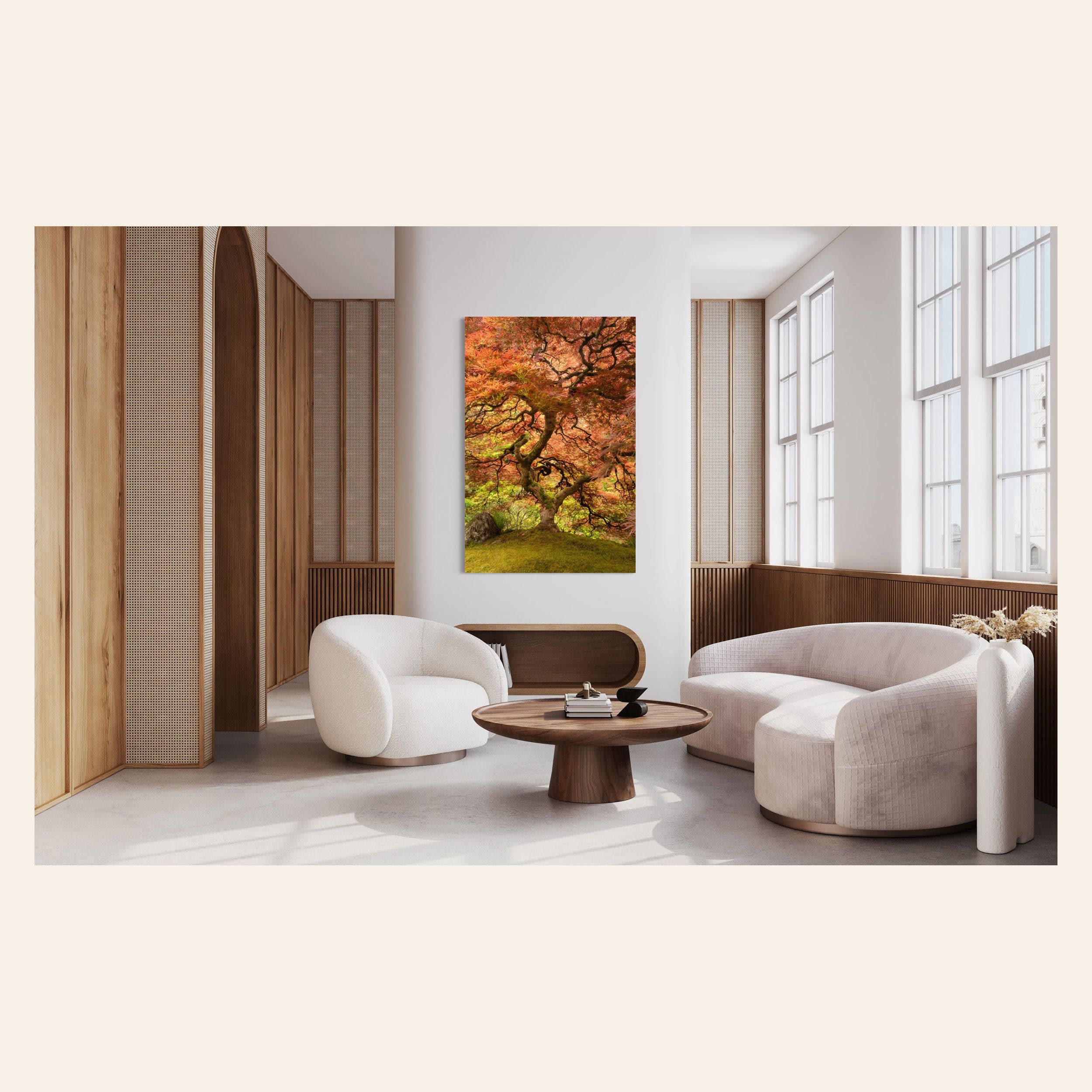 A piece of Japanese wall art showing the maple tree in the Portland Japanese Garden hangs in a living room.