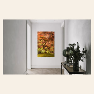 A piece of Japanese wall art showing the maple tree in the Portland Japanese Garden hangs in an entryway.