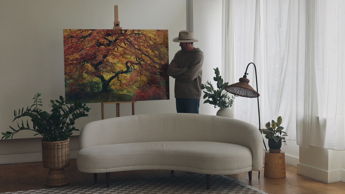 West Seattle artist Lars Gesing with his Japanese maple tree art GUARDIAN ANGEL.
