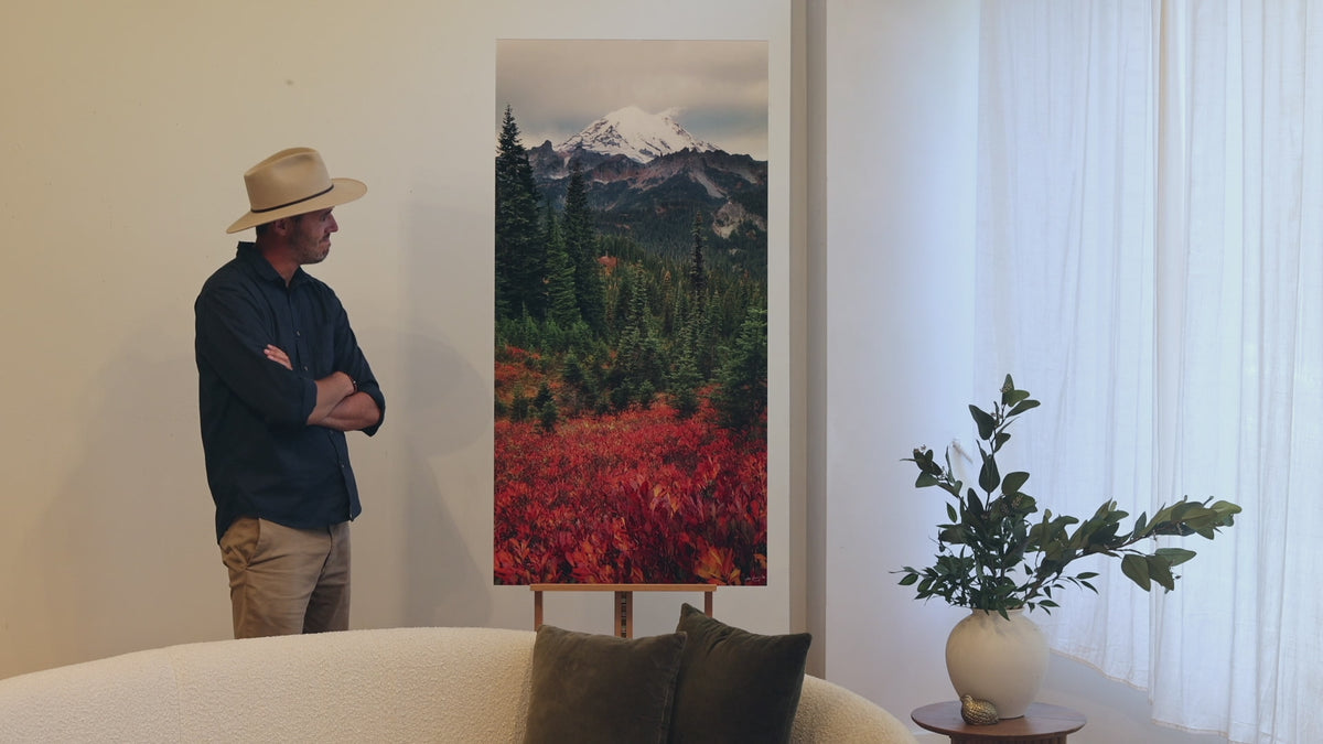 West Seattle artist Lars Gesing is seen with his Mount Rainier artwork RAINIER RHAPSODY.