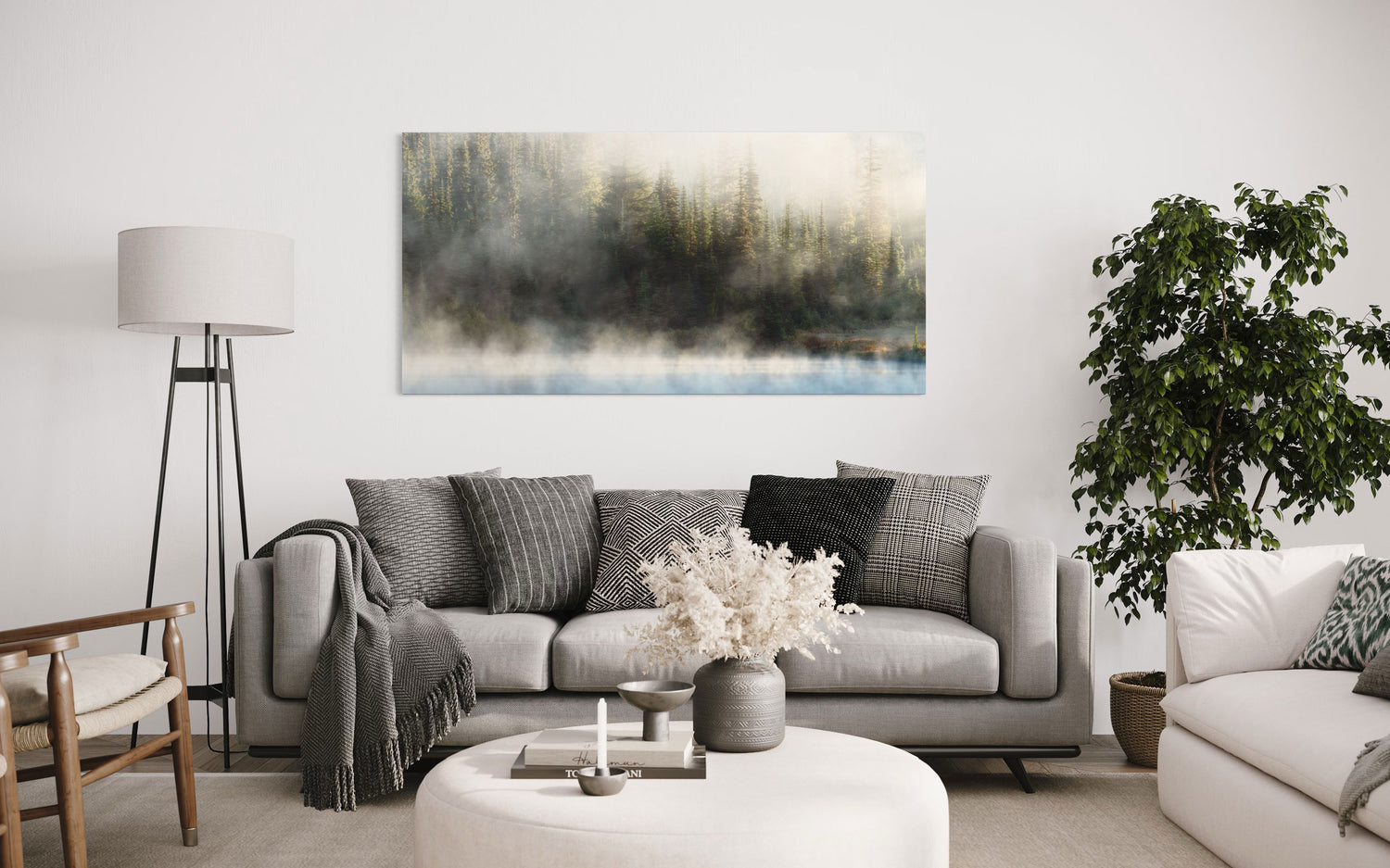 A piece of Mount Rainier art showing Reflection Lakes hangs in a living room.