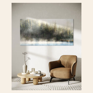 A piece of Mount Rainier art showing Reflection Lakes hangs in a living room.