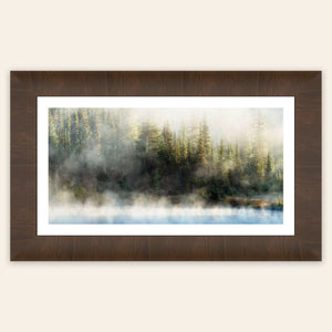 A framed piece of Mount Rainier art showing Reflection Lakes.