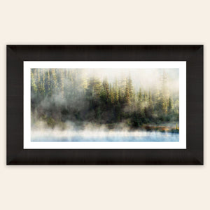 A framed piece of Mount Rainier art showing Reflection Lakes.