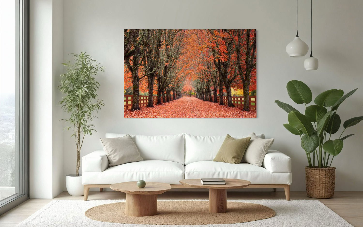 This piece of Seattle art showing fall at the Rockwood Farm hangs in a living room.