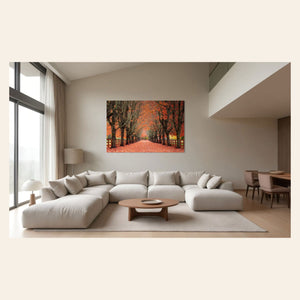 A piece of Seattle art showing fall at the Rockwood Farm hangs in a living room.